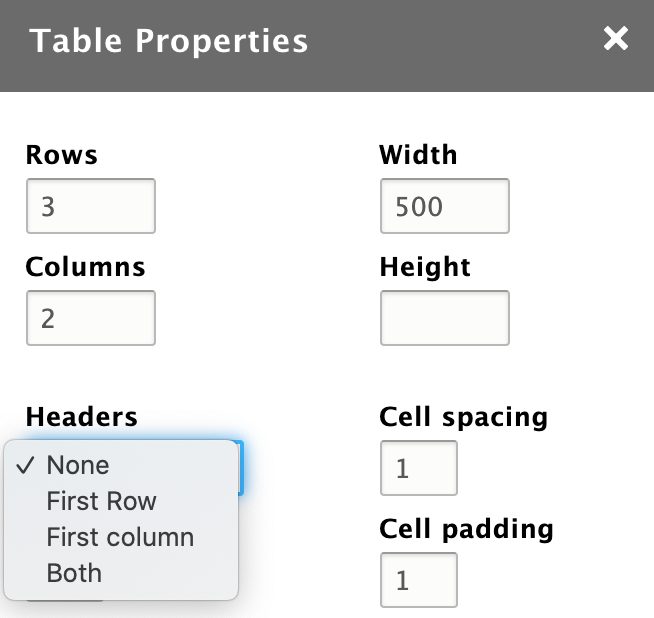Table properties modal with Headers options expanded.