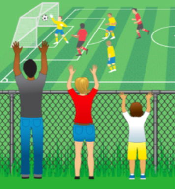 3 people of different heights watch a soccer game through a chain link fence.