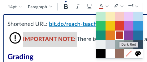 Text color picker expanded with Dark Red selected