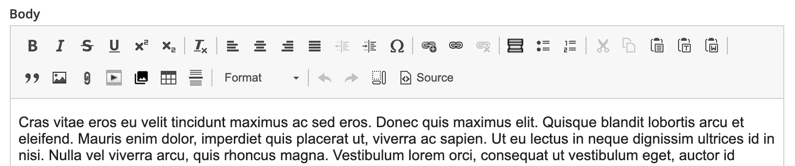 Drupal 8 body editor with toolbar and sample text.