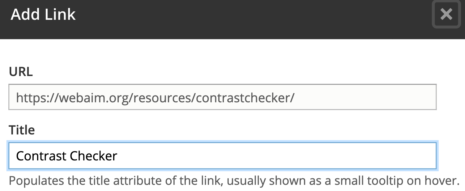 Screenshot in Drupal 8 of the link functionality in the text editor